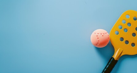 A yellow paddle sits on a blue background with a tennis ball