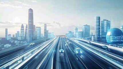 Obraz premium Highway with high speed vehicles in modern and futuristic smart city. City concept with modern future buildings