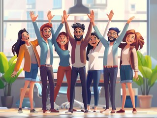 Fototapeta premium A dynamic startup team celebrating a successful project launch with high-fives and cheerful expressions, office interior in the background