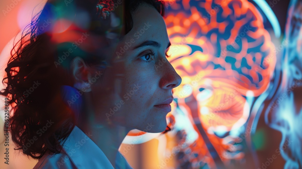 Poster female scientist is looking at a brain scan on a computer screen. medical health and lab research co