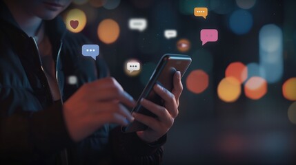 A person is using a smartphone to read messages on social media, with colored pencil icons and message bubbles floating above the screen.
