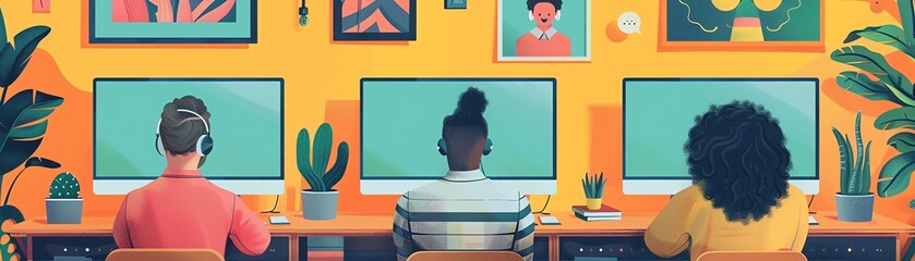 Remote team collaborating via video call, diverse members sharing insights from their home offices