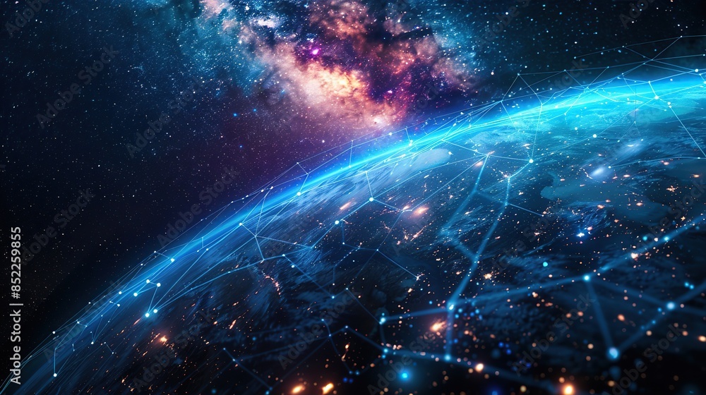 Poster planet earth with futuristic fiber optic cables for global communication and digital network connect