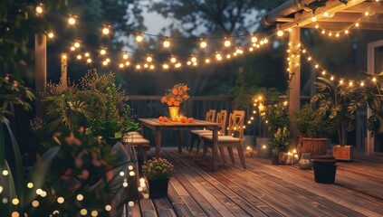 A wooden deck with a table and chairs, lit up with lights