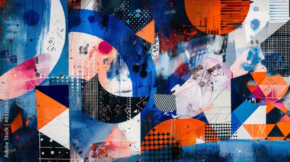 Poster abstract geometric patterns and organic shapes against a backdrop of blue wallpaper, exploring the i