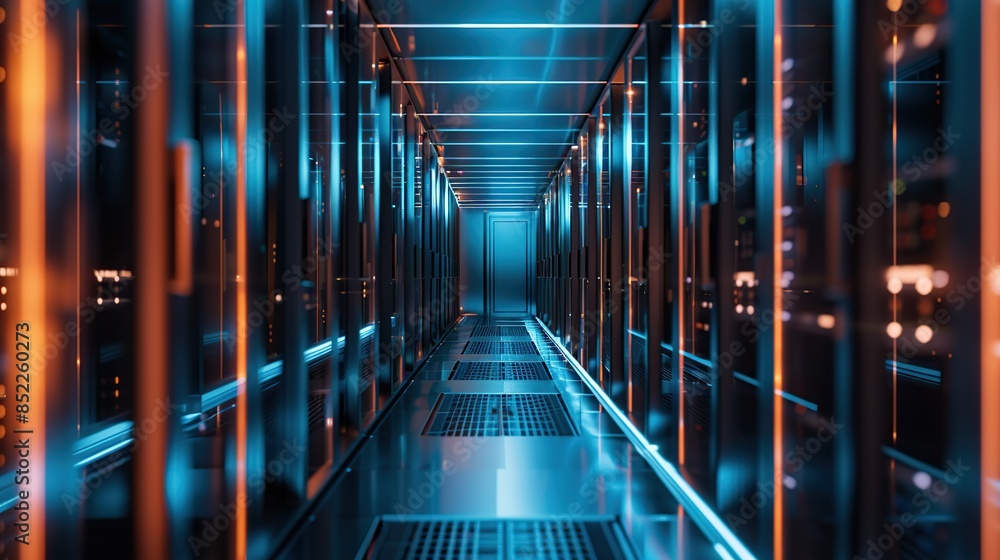 Poster neatly arranged server racks in a futuristic server room