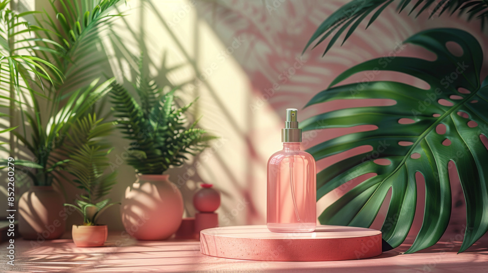 Aufkleber minimal abstract cosmetic background for product presentation. cosmetic bottle podium and green palm