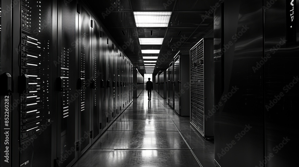 Poster neatly arranged server racks in a futuristic server room