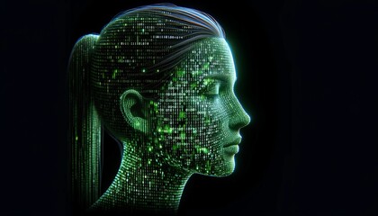 Obraz premium A detailed image of a woman's profile composed entirely of binary code, forming a digital portrait.