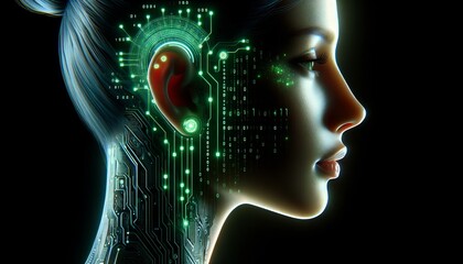 A detailed image of a woman's profile with visible cybernetic implants and circuits glowing with binary code patterns.