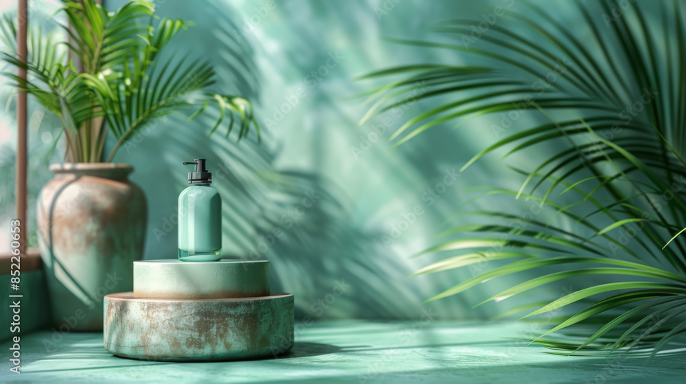 Aufkleber minimal abstract cosmetic background for product presentation. cosmetic bottle podium and green palm