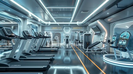 Obraz premium Futuristic High-Tech Gym Interior with Interactive Cardio Machines and Modern Strength Training Stations for Effective and Enjoyable Workouts