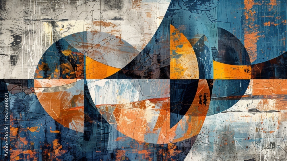 Poster abstract geometric patterns and organic shapes against a backdrop of blue wallpaper, exploring the i