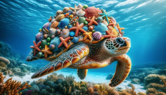 A detailed and focused image of a turtle carrying ocean treasures like starfish, sand dollars, and vibrant shells attached to its shell.