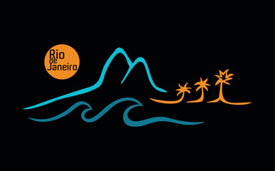 Vector, stylized illustration of the coastal landscape of the city of Rio de Janeiro, Brazil. Drawing in simple and stripped strokes.
