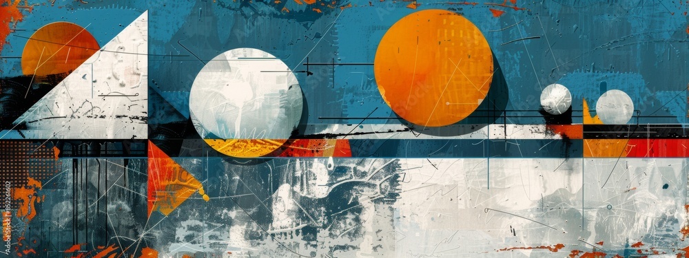 Poster abstract geometric patterns and organic shapes against a backdrop of blue wallpaper, exploring the i