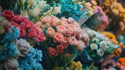 Close up background of floral theme in a flower shop and market