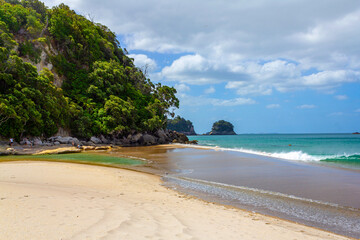 White Sandy Beach, Landscape Scenery Whiritoa Beach at Coromandel Peninsula in the North Island of New Zealand