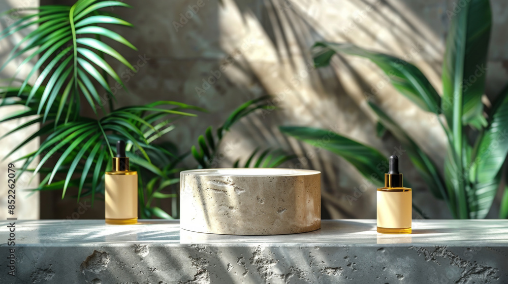 Aufkleber minimal abstract cosmetic background for product presentation. cosmetic bottle podium and green palm