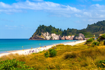 White Sandy Beach, Landscape Scenery Whiritoa Beach at Coromandel Peninsula in the North Island of...