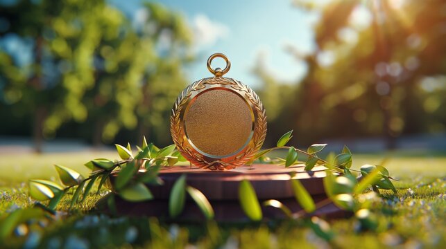 Golden Medal on Wooden Pedestal Surrounded by Greenery in a Sunlit Outdoor Setting