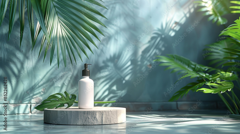 Aufkleber minimal abstract cosmetic background for product presentation. cosmetic bottle podium and green palm