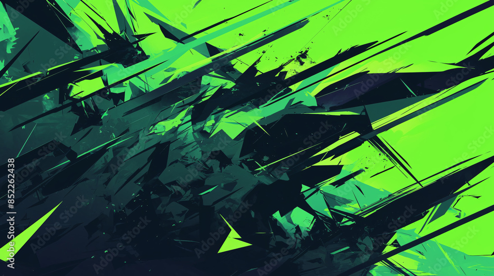 Poster an abstract design featuring sharp geometric shapes in various shades of green, black, and hints of 