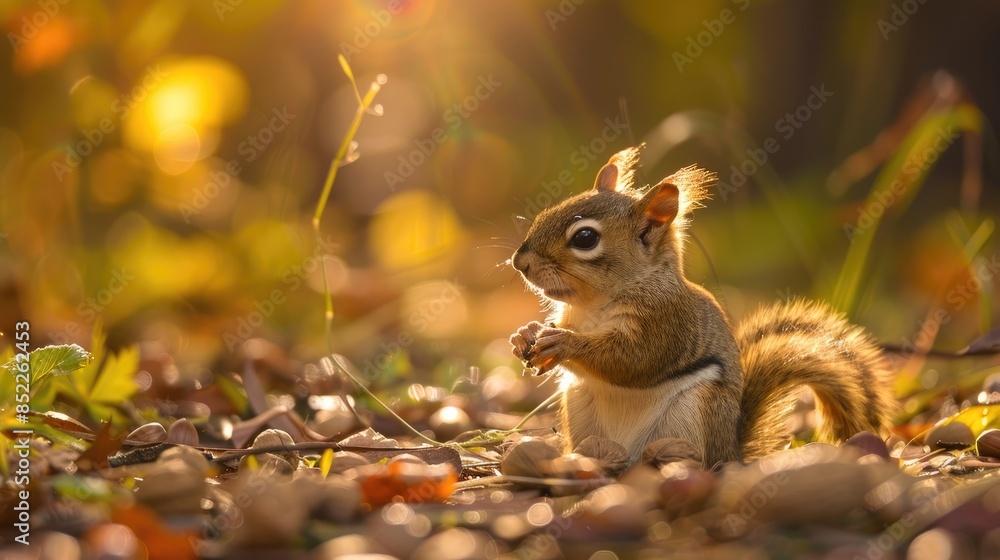 Poster a tiny fox squirrel enjoying nuts while basking in the sunlight