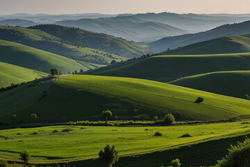 Naklejka premium Panoramic view of lush green hills against. Serene natural landscape, perfect for environmental concepts.