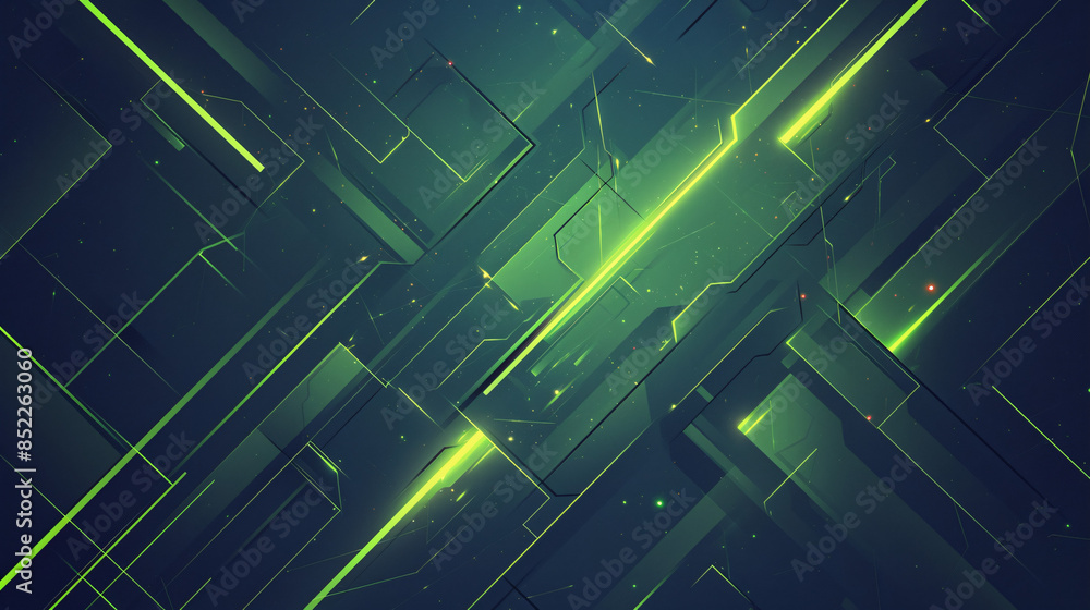 Poster a futuristic wallpaper featuring a complex array of geometric shapes in shades of green and blue, cr