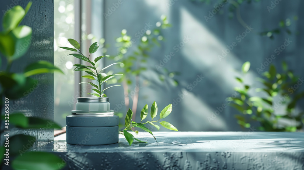 Aufkleber minimal abstract cosmetic background for product presentation. cosmetic bottle podium and green palm
