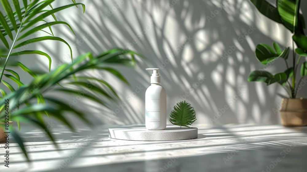 Aufkleber minimal abstract cosmetic background for product presentation. cosmetic bottle podium and green palm