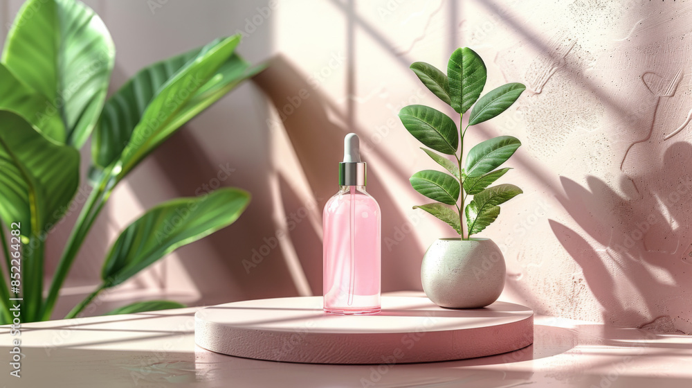 Aufkleber minimal abstract cosmetic background for product presentation. cosmetic bottle podium and green palm