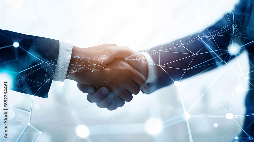 Poster two men shake hands in front of a computer screen with a lot of lines and dots. concept of professio