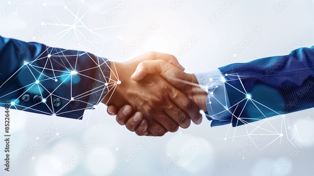 Poster two men shake hands in front of a computer screen with a lot of lines and dots. concept of professio