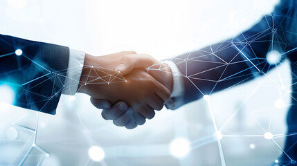 Two men shake hands in front of a computer screen with a lot of lines and dots. Concept of professionalism and trust between the two men