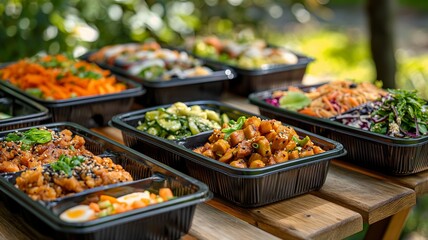 Obraz premium Vibrant Outdoor Spread of Healthy Meal Prep Containers on Wooden Table