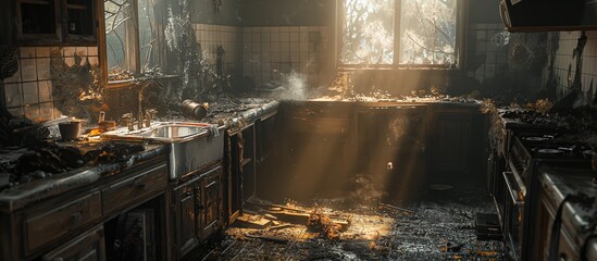 Post-apocalyptic kitchen filled with remnants of a fire disaster and sunlight streaming through