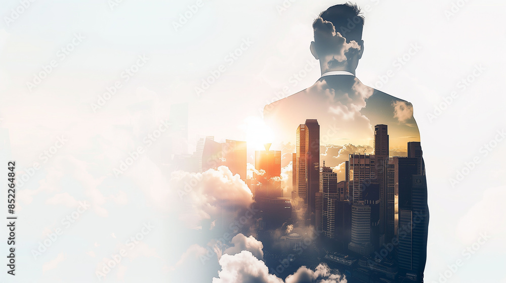 Poster a man in a suit is looking out over a city skyline. the image is a blurred, distorted view of the ma