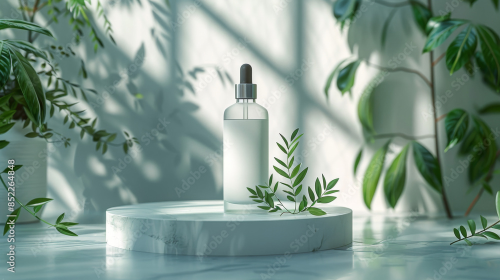 Aufkleber minimal abstract cosmetic background for product presentation. cosmetic bottle podium and green palm