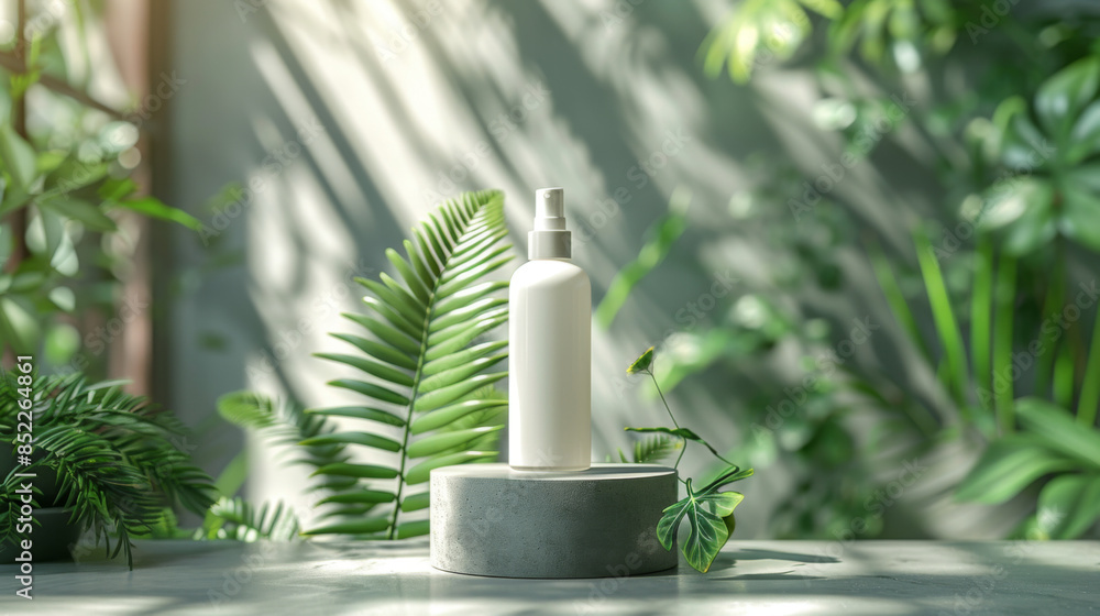 Aufkleber minimal abstract cosmetic background for product presentation. cosmetic bottle podium and green palm