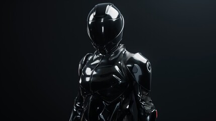 Futuristic black motorcycle rider wearing full body armor.