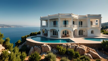 Traditional mediterranean white house with pool on hill with stunning sea view. Summer vacation background. extra wide.