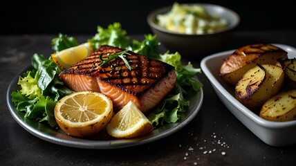 steak of baked salmon grilled pepper lemon and salt on a metal plate with lettuce leaves and baked roasted potatoes.