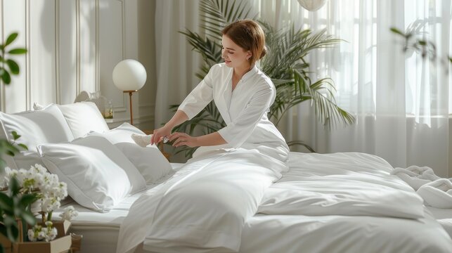 Woman Making the Bed in a Luxurious Bedroom