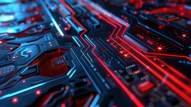 Futuristic Circuit Board with Glowing Red and Blue Lights