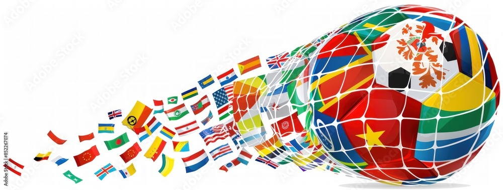 Poster a soccer ball with flags on it. the flags are from different countries.