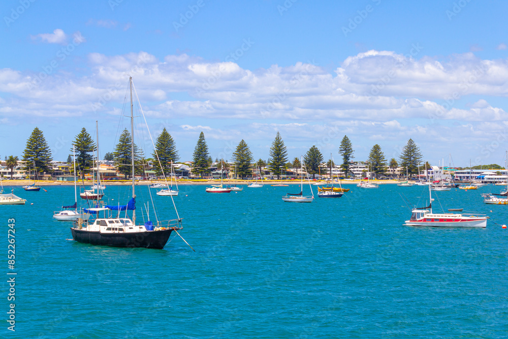 Wall mural boats mooring at pilot bay, mount maunganui beach, tauranga - new zealand