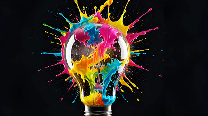 A light bulb shattering and releasing a burst of vivid paint splashes against a black background - Generative AI