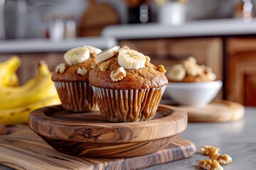 Banana Nut Muffins on Wooden Plate
